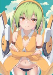  bare_shoulders bikini bikini_bottom_only black_bikini center_opening chunithm cowboy_shot crossed_arms detached_sleeves dress female green_hair groin hairband highres long_sleeves looking_at_viewer mechanical_wings mushpz navel orange_eyes revealing_clothes short_hair sky_feather_(chunithm) sleeveless sleeveless_dress smile solo standing stomach string_bikini swimsuit thighs v-shaped_eyebrows wings yellow_dress 