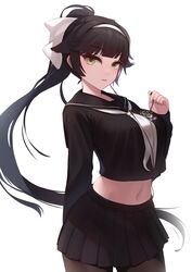  absurdres animal_ears azur_lane black_hair black_serafuku black_shirt black_skirt breasts brown_pantyhose cowboy_shot crop_top crop_top_overhang extra_ears female floppy_ears hairband hand_up highres kyuuri_no_tsukemono large_breasts long_hair long_sleeves looking_at_viewer midriff miniskirt navel neckerchief official_alternate_costume pantyhose parted_lips pleated_skirt ponytail sailor_collar school_uniform serafuku shirt sidelocks simple_background skirt solo stomach takao_(azur_lane) takao_(school_romanza)_(azur_lane) very_long_hair white_background yellow_eyes 