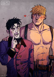  2boys abs alternate_costume alternate_universe bad_id bad_tumblr_id bara black_hair blonde_hair commentary couple cris_art english_commentary hand_on_another&#039;s_shoulder heart hulkling jewelry long_sideburns male_focus marvel mechanic multiple_boys navel navel_hair nipples oerba_yun_fang pale_skin pants pectorals ring short_hair sideburns thick_eyebrows toned toned_male topless_male upper_body vampire_costume wiccan yaoi 