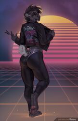  2020 4_toes 5_fingers anthro ass athletic big_butt black_hair butt_pose clothed clothing cyberpunk digital_media_(artwork) digitigrade extinct feet felid female fingers furgonomics hair hi_res honovy jacket key leotard mammal muscular one_leg_up open_clothing open_jacket open_topwear outrun patreon plantar_flexion pose prehistoric_species raised_leg rear_view saber-toothed_tiger solo standing synthwave text toes topwear url 