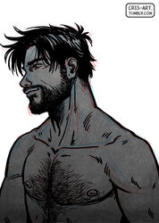  1boy aged_up bad_id bad_tumblr_id bara beard chest_hair commentary cris_art english_commentary facial_hair greyscale hairy looking_ahead male_focus marvel mature_male monochrome moustache nipples nude pectorals short_hair sideburns solo thick_eyebrows toned toned_male upper_body wiccan 