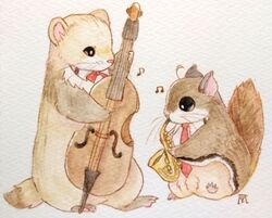  alto_saxophone animal animal_focus bass_guitar bow bowtie commentary_request ferret fluefluekoubo26 highres holding holding_instrument holding_saxophone instrument jazz musical_note necktie no_humans original painting_(medium) red_bow red_bowtie red_necktie saxophone simple_background squirrel traditional_media watercolor_(medium) white_background 