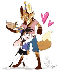  2022 anthro bottomwear brown_body brown_fur canid clothing duo female fur heart_symbol hi_res hug lagomorph leporid male mammal midriff one_eye_closed open_mouth open_smile rabbit shirt shorts signature simple_background smile smores_(ribbontini) tank_top topwear vulpesvant_(character) white_background white_body white_fur zippiner 