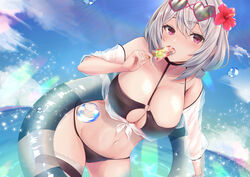  absurdres azur_lane bikini black_bikini blue_sky breasts cleavage cloud day eating eyewear_on_head female flower food grey_hair hair_between_eyes hair_flower hair_ornament heart heart-shaped_eyewear hibiscus highres holding holding_swim_ring innertube large_breasts lens_flare medium_hair navel ocean official_alternate_costume outdoors popsicle red_eyes red_flower sirius_(azur_lane) sirius_(scorching-hot_seirios)_(azur_lane) sky solo spekkio36 sunglasses swim_ring swimsuit thigh_strap water_drop 