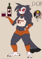  absurd_res angry anthro avian bird blush clothing daughter_(lore) demon duo english_text father_(lore) father_and_child_(lore) father_and_daughter_(lore) female grishnax helluva_boss hi_res hooters octavia_(helluva_boss) owl parent_(lore) parent_and_child_(lore) parent_and_daughter_(lore) shirt smile son_(lore) stolas_(helluva_boss) tank_top text text_on_clothing text_on_shirt text_on_tank_top text_on_topwear topwear uniform wine_bottle 