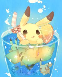  commentary_request drinking_straw foam food food_focus fruit glass highres holding holding_drinking_straw liquid looking_at_viewer no_humans one_eye_closed open_mouth orange_(fruit) orange_slice partially_submerged pikachu pokemon pokemon_(creature) red_ribbon ribbon star_(symbol) submerged ushiina 