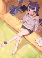  :d absurdres ao-chan_(ninomae_ina&#039;nis) bare_legs barefoot black_shorts blonde_hair blunt_bangs blush book bra_strap commentary crossed_legs dolphin_shorts electric_fan feet female from_above full_body gradient_hair grass highres hololive hololive_english kiwwwwwi long_hair looking_at_animal mole mole_under_eye multicolored_hair ninomae_ina&#039;nis oerba_yun_fang off_shoulder orange_hair pointy_ears print_shirt purple_eyes purple_hair shirt shorts sidelocks sitting sketchbook smile solo streaked_hair takodachi_(ninomae_ina&#039;nis) tentacle_hair toes very_long_hair virtual_youtuber white_shirt wooden_floor 