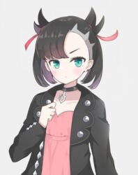  black_hair blue_eyes choker dress earrings female frown hair_ribbon highres jacket jewelry long_sleeves looking_at_viewer marnie_(pokemon) pendant_choker pink_dress pokemon pokemon_swsh preste revision ribbon short_hair solo two_side_up undercut upper_body v-shaped_eyebrows 