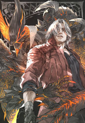  2boys black_gloves black_shirt claws coat cowboy_shot dante_(devil_may_cry) demon demon_horns devil_may_cry_(series) devil_may_cry_5 devil_sword_dante dual_persona facial_hair fingerless_gloves gloves greatsword grey_eyes hair_over_one_eye highres holding holding_sword holding_weapon horns long_coat looking_away male_focus medium_hair multiple_boys open_mouth parted_bangs red_coat red_eyes shirt sin_devil_trigger sleeves_rolled_up standing stubble sword weapon white_hair wings wrist_wrap yue_(memento1113) 