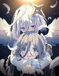  2girls amane_kanata amane_kanata_(1st_costume) angel angel_wings backlighting blue_eyes blue_hair chiyonekoko commentary eyes_visible_through_hair feathered_wings feathers grey_hair hair_between_eyes hairband halo highres hololive hug hug_from_behind long_sleeves looking_at_another looking_at_viewer multicolored_hair multiple_girls parted_lips pink_hair purple_eyes short_hair star_halo streaked_hair tearing_up upper_body virtual_youtuber white_hair wings 