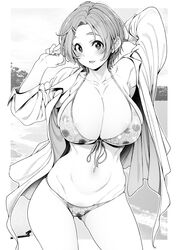  aged_up arm_up armpits beach bikini blush breasts cleavage collarbone commentary_request female greyscale groin highres idolmaster idolmaster_cinderella_girls large_breasts light_smile looking_at_viewer monochrome navel outdoors parted_bangs print_bikini ryuzaki_kaoru shirokuma_(nankyoku) short_hair solo swimsuit thick_eyebrows 