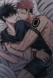  2boys arm_tattoo ass ass_grab bed black_hair black_male_underwear black_nails blush boxers bulge bulge_press collarbone erection erection_under_clothes extra_eyes eye_contact facial_tattoo frottage fushiguro_megumi fushirun_rung grabbing grabbing_from_behind green_eyes groping hair_between_eyes hand_under_clothes hand_under_shirt highres imminent_anal imminent_penetration indoors jujutsu_kaisen korean_commentary looking_at_another lying male_focus male_underwear multiple_boys muscular muscular_male on_bed pink_hair red_eyes ryoumen_sukuna_(jujutsu_kaisen) shirt shoulder_tattoo smile tattoo topless_male undercut underwear yaoi 