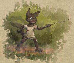  2018 anthro barefoot biped black_body black_fur blue_eyes bottomless canid canine canis clothed clothing dakka dakkawoof fangs feet fur happy hi_res holding_object male mammal open_mouth shirt smile solo stick teeth topwear wolf young young_anthro 