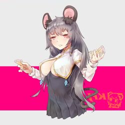  aged_up alternate_hairstyle animal_ear_fluff animal_ears blush breasts capelet commentary_request cookie_(touhou) cropped_torso dress english_commentary fairyfloss female grey_dress grey_hair holding holding_pencil kfc kofji_(cookie) long_hair medium_breasts mixed-language_commentary mouse_ears mouse_girl mouse_tail nazrin pen_spinning pencil pink_background red_eyes solo tail touhou two-tone_background upper_body white_background white_capelet 