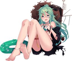  anklet armlet bare_shoulders barefoot black_ribbon blue_ribbon defeat female full_body green_eyes green_hair hair_between_eyes hair_flaps hair_ornament hair_ribbon hairclip hat innertube jewelry kantai_collection kujou_ichiso long_hair machinery official_art open_clothes open_robe parted_bangs ponytail ribbon robe sidelocks soles solo straw_hat swim_ring swimsuit tears third-party_source torn_clothes transparent_background yamakaze_(kancolle) yamakaze_kai_ni_(kancolle) yamakaze_kai_ni_(swimsuit_mode)_(kancolle) 