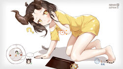  ? absurdres all_fours arm_support bad_id bad_pixiv_id bangs_pinned_back bare_legs barefoot black_nails blush braid braided_ponytail brown_eyes brown_hair chinese_commentary chinese_text commentary_request crosshair dress drooling female full_body glasses hand_up heart highres horns indie_virtual_youtuber legs long_hair looking_at_viewer minimap monster_hunter:_world monster_hunter_(series) multiple_views nail_polish open_mouth oshin0_(vtuber) oshin0_(zheng) saliva short_sleeves simple_background single_bare_shoulder toenail_polish toenails translation_request unworn_eyewear user_interface virtual_youtuber white_background yellow_dress 