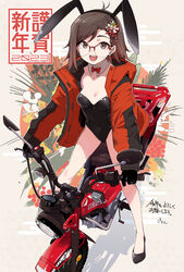  2023 animal_ears asa_no_ha_(pattern) bare_legs black_footwear black_gloves black_leotard bow bowtie breasts brown-framed_eyewear chinese_zodiac coat collar commentary detached_collar egasumi fake_animal_ears female flats glasses gloves goten_(510gensoku) hair_ornament happy_new_year highres honda kotoyoro leotard long_sleeves looking_at_viewer medium_breasts medium_hair motor_vehicle motorcycle nengajou new_year open_clothes open_coat open_mouth original over-rim_eyewear playboy_bunny rabbit_ears red_bow red_bowtie red_coat semi-rimless_eyewear shadow smile solo standing text_background translated white_collar wing_collar year_of_the_rabbit 