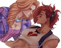  2girls blonde_hair blush breasts caitlyn_(league_of_legends) cleavage commentary crop_top earrings eyebrow_cut green_eyes heart heartache_vi heartthrob_caitlyn highres jacket jewelry league_of_legends long_hair looking_at_another marceline2174 midriff multiple_girls necklace pearl_necklace pink_hair purple_jacket short_hair single_earring sweatdrop symbol-only_commentary vi_(league_of_legends) yuri 