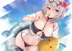  absurdres azur_lane bikini black_bikini blue_sky breasts cleavage cloud day eating eyewear_on_head female flower food grey_hair hair_between_eyes hair_flower hair_ornament heart heart-shaped_eyewear hibiscus highres holding holding_swim_ring innertube large_breasts lens_flare manjuu_(azur_lane) medium_hair navel ocean official_alternate_costume outdoors popsicle red_eyes red_flower sirius_(azur_lane) sirius_(scorching-hot_seirios)_(azur_lane) sky solo spekkio36 sunglasses swim_ring swimsuit thigh_strap water_drop 