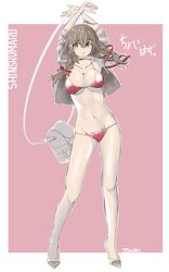  absurdres ahoge arms_up artist_name ass_visible_through_thighs bag bikini braid breasts brown_eyes brown_hair character_name cleavage collarbone commentary_request female full_body groin hair_between_eyes hair_ribbon high_heels highres jacket kantai_collection large_breasts legs_apart long_hair lowleg lowleg_bikini navel parted_lips red_bikini red_ribbon ribbon shinshuu_maru_(kancolle) single_braid solo standing swimsuit tada_(tactical_tada) translation_request twin_braids underboob white_footwear white_jacket 