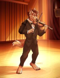  2020 4_toes 5_fingers anthro barefoot biped black_clothing black_tie_(suit) bow_(feature) bow_(stringed_instrument) bow_in_front bow_tie bowed_string_instrument brown_body brown_fur brown_hair canid canine canis claws clothed clothing concert_hall detailed detailed_background feet fingers fur hair hi_res holding_musical_instrument holding_object male mammal musical_instrument nasnency nils_rinkan playing_music playing_violin smile solo stage string_instrument suit toe_claws toes violin wolf 