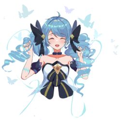  :d absurdres ahoge black_bow black_choker black_sleeves blue_hair blush bow breasts bug butterfly choker closed_eyes collarbone cropped_torso detached_sleeves dress drill_hair facing_viewer female grey_background gwen_(league_of_legends) hairbow hands_up highres holding holding_own_hair league_of_legends long_hair puffy_short_sleeves puffy_sleeves short_sleeves simple_background smile solo sooner teeth twin_drills twintails upper_body upper_teeth_only white_background 