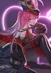  absurdres bare_shoulders black_footwear black_hat black_jacket blush boots breasts brown_gloves brown_pantyhose cleavage crossed_legs eyes_visible_through_hair feet_out_of_frame female from_side gloves hair_between_eyes hat heterochromia highres holding hololive houshou_marine houshou_marine_(marching_band) jacket knees_up long_hair long_sleeves looking_to_the_side medium_breasts multicolored_hair official_alternate_hair_length official_alternate_hairstyle one_side_up open_clothes open_jacket open_mouth pantyhose puffy_long_sleeves puffy_sleeves red_eyes red_hair ruiuncle see-through see-through_cleavage shako_cap sitting solo streaked_hair thigh_boots very_long_hair virtual_youtuber white_hair yellow_eyes 