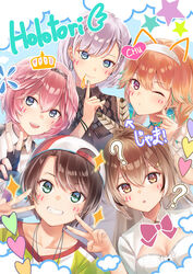  5girls :d :o ? ahoge arrow_(symbol) backwards_hat baseball_cap black_gloves black_hair blue_eyes bow brown_eyes brown_hair cleavage_cutout clothing_cutout cloud collared_shirt crown double_v earrings feather_hair_ornament feathers finger_to_own_chin fingerless_gloves fingernails gloves grey_hair grin hair_ornament hairclip hat head_wings headband highres hololive hololive_english hololive_indonesia holotori jewelry long_hair long_sleeves looking_at_viewer loose_clothes loose_shirt multicolored_hair multiple_girls nanashi_mumei nanashi_mumei_(1st_costume) necktie official_alternate_costume oozora_subaru oozora_subaru_(1st_costume) orange_hair oversized_clothes oversized_shirt pavolia_reine pink_hair ponytail purikura red_headwear red_necktie sebu_illust shirt short_hair short_sleeves sleeveless smile sparkle star_(symbol) streaked_hair striped_clothes striped_shirt swept_bangs t-shirt takanashi_kiara takanashi_kiara_(casual) takane_lui takane_lui_(1st_costume) two-tone_headwear two-tone_shirt v vertical-striped_clothes vertical-striped_shirt very_long_hair virtual_youtuber white_headwear white_shirt wings yellow_shirt 