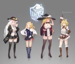  1boy 3girls alternate_hairstyle azur_lane azusa_(cookie) black_cape black_dress black_jacket black_skirt black_thighhighs blonde_hair blue_gloves blue_shirt blush boots bow braid breasts brown_eyes brown_footwear brown_gloves brown_sleeves cape cleveland_(azur_lane) cleveland_(azur_lane)_(cosplay) commentary_request cookie_(touhou) cosplay crossdressing detached_sleeves dress enterprise_(azur_lane) enterprise_(azur_lane)_(cosplay) fairyfloss full_body fur-trimmed_boots fur-trimmed_skirt fur-trimmed_sleeves fur_trim garter_straps genderswap_(ftm) gloves green_eyes grey_background hairbow hat hat_bow highres honolulu_(azur_lane) honolulu_(azur_lane)_(cosplay) jacket kirisame_marisa large_breasts long_hair looking_at_viewer mars_(cookie) medium_breasts medium_hair multiple_girls oklahoma_(azur_lane) oklahoma_(azur_lane)_(cosplay) open_mouth otoko_no_ko pointing pointing_up red-framed_eyewear red_cape red_eyes red_star rei_(cookie) rule_63 semi-rimless_eyewear shirt short_dress side_braid side_ponytail simple_background single_braid skirt small_breasts standing star_(symbol) thighhighs touhou twitter_username two-sided_cape two-sided_fabric under-rim_eyewear uzuki_(cookie) white_bow white_cape white_shirt witch_hat yellow_bow 