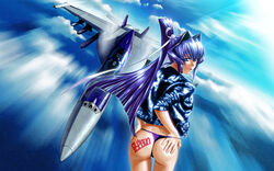  aircraft airplane artist_name ass blue_eyes blue_hair blue_jacket canopy_(aircraft) f/a-18e_super_hornet female fighter_jet from_behind hair_intakes hand_on_own_ass highres jacket jet looking_at_viewer military military_vehicle mitsurugi_meiya muv-luv panties popgun_(22882502) purple_panties smile solo textless_version underwear vehicle_focus 