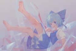  absurdres barefoot blue_bow blue_dress blue_hair bow chinese_commentary cirno clenched_hand collared_shirt commentary demozeroc detached_wings dress fairy_wings falling fangs feet female full_body hand_up highres ice ice_wings legs legs_up looking_at_viewer open_mouth puffy_short_sleeves puffy_sleeves red_ribbon ribbon shirt short_hair short_sleeves simple_background soles solo toes touhou wings 