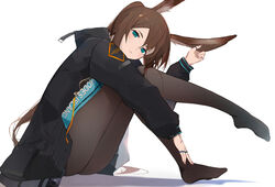  absurdres amiya_(arknights) animal_ear_fluff animal_ears arknights bad_id bad_pixiv_id black_jacket blue_eyes blush brown_hair closed_mouth commentary female from_side full_body hair_between_eyes head_tilt highres holding_ears jacket jewelry knees_up long_hair long_sleeves looking_at_viewer multiple_rings no_shoes open_clothes open_jacket pantyhose rabbit_ears revision ring rrr_ato shadow sidelocks sitting skirt solo thighs thumb_ring very_long_hair 