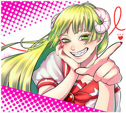  demon_girl demon_horns female green_eyes green_hair grin hand_on_own_cheek hand_on_own_face heart highres horns long_hair looking_at_viewer mairimashita!_iruma-kun niratama-umai pointing red_nails sailor_collar sharp_teeth shirt smile teeth valac_clara white_shirt 