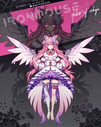  angel_wings barefoot bow breasts character_name cone_hair_bun copyright_name detached_collar detached_sleeves dress english_commentary female full_body hair_bun hen-tie heterochromia high-low_skirt highres ironmouse ironmouse_(fallen_angel) jewelry looking_at_viewer medium_breasts nail_polish official_art pink_bow pink_eyes pink_hair purple_eyes purple_hair single_thighhigh smile solo thigh_strap thighhighs toe_ring toenail_polish toenails virtual_youtuber vshojo white_dress wings 