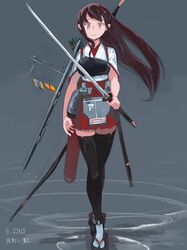  akagi_(kancolle) akagi_kai_ni_(kancolle) arrow_(projectile) black_thighhighs bow breasts brown_eyes brown_gloves brown_hair female flight_deck floating_hair gloves hakama hakama_short_skirt hakama_skirt highres holding holding_sword holding_weapon japanese_clothes jura_cambri kantai_collection katana long_hair looking_at_viewer mast muneate okobo partially_fingerless_gloves pleated_skirt quiver red_hakama red_skirt rigging ripples sandals scabbard sheath sidelocks signal_flag skirt smile solo standing sword tabi tasuki thighhighs weapon wide_sleeves yugake 