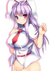  :o animal_ears blush bottomless breasts carrot_pin drop_shadow female large_breasts long_hair necktie out-of-frame_censoring purple_eyes purple_hair rabbit_ears reisen_udongein_inaba ryokushiki_(midori-ya) shirt simple_background solo touhou very_long_hair white_background white_shirt 