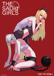  2girls animal_ears ankle_cuffs ball_and_chain_restraint bare_shoulders blonde_hair blue_eyes blunt_bangs bondage bondage boots bound breasts chains commentary_request cuffs femdom guitar_(guitars) handcuffs kneehighs legs long_hair medium_breasts midriff multiple_girls navel open_mouth original photoshop_(medium) shorts sitting sitting_on_person skirt smile socks tank_top thigh_boots thighhighs twintails white_hair yuri zettai_ryouiki 