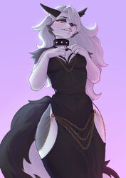  absurd_res anthro biped black_clothing black_dress blush body_blush breast_blush breasts canid canid_demon canine chains cheek_tuft cleavage clothed clothed_anthro clothed_female clothing cocktail_dress collar demon digital_media_(artwork) dress dress_only ear_piercing ear_ring facial_tuft female fluffy fluffy_tail fur gold_(metal) gold_chain grey_body grey_fur hair hair_over_eye hellhound helluva_boss hi_res hollow_hip_backless_chain_dress inner_ear_fluff long_hair loona_(helluva_boss) mammal meme meme_clothing monian multicolored_body multicolored_fur mythological_canine mythological_creature mythology one_eye_obstructed piercing red_sclera ring_piercing small_waist solo tail thick_thighs tuft white_body white_eyes white_fur 