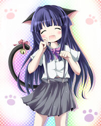  animal_ears bell blue_hair blush bow bowtie cat_ears cat_tail closed_eyes collared_shirt commentary_request facing_viewer feet_out_of_frame female furude_rika grey_skirt hand_in_own_hair higurashi_no_naku_koro_ni hime_cut kazura long_hair multicolored_background oerba_yun_fang open_mouth paw_pose paw_print pink_bow pink_ribbon purple_bow purple_bowtie ribbon shirt short_sleeves skirt solo standing suspender_skirt suspenders tail tail_bow tail_ornament tail_ribbon very_long_hair white_background white_shirt 