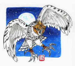  absurd_res ambiguous_gender armor avian battle_claws bird feathers female_(lore) feral flying guardians_of_ga&#039;hoole headgear helmet hi_res horned_owl kabuki-aku moon night owl snowy_owl solo traditional_media_(artwork) true_owl white_body white_feathers yellow_eyes 