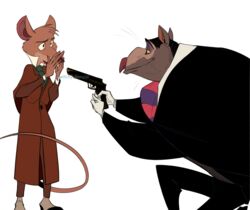  anthro basil_(disney) clothed clothing disney duo eye_contact fluffy gun holding_object holding_weapon kneeling looking_at_another male male/male mammal mouse murid murine on_one_knee professor_padraic_ratigan_(disney) proposal ranged_weapon rat rodent signature simple_background standing the_great_mouse_detective twitchydoodle weapon white_background 