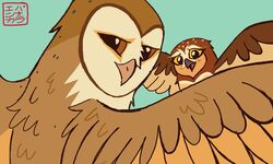  5:3 ambiguous_gender avian barn_owl bird brown_body brown_eyes brown_feathers duo elf_owl feathers female feral flying guardians_of_ga&#039;hoole gylfie hi_res kabuki-aku male_(lore) owl simple_background soren_(gogh) true_owl tyto tytonid yellow_eyes 