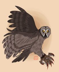  avian battle_claws bird blood bodily_fluids claws feathers feral flying great_grey_owl grey_body grey_feathers guardians_of_ga&#039;hoole hi_res kabuki-aku male owl simple_background solo strix_(genus) toe_claws true_owl twilight_(gogh) yellow_eyes 