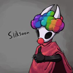  1:1 2024 2_horns 5_fingers absurd_res afro arthropod black_arms black_body black_eyes black_hands cloak clothed clothing clown_costume clown_nose digital_media_(artwork) female fingers glistening glistening_clothing grey_background hi_res highlights_(coloring) hollow_knight hollow_knight:_silksong horn hornet_(hollow_knight) nails red_cloak red_clothing sharpski simple_background solo team_cherry twitching 