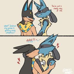  1:1 2024 ambiguous_gender angry angry_kiss anthro anthro_on_anthro anubis_(pal) blue_body blue_eyes blue_fur blush canid canine crossover crossover_ship duo enemies_to_lovers english_text fur generation_4_pokemon hearts_around_head hi_res interspecies kissing lucario mammal nintendo pal_(species) palphilia palworld pastel_mamba pocketpair pokemon pokemon_(species) pokephilia red_eyes simple_background tan_body tan_fur text 