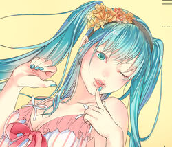  aqua_eyes aqua_hair commentary_request female flower hair_flower hair_ornament hairband hands hatsune_miku katekari_yuusuke lips long_hair one_eye_closed photoshop_(medium) solo twintails upper_body vocaloid 