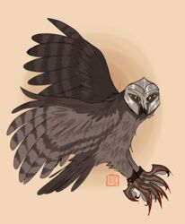  armor avian battle_claws bird blood bodily_fluids claws feathers feral flying great_grey_owl grey_body grey_feathers guardians_of_ga&#039;hoole headgear helmet hi_res kabuki-aku male owl simple_background solo strix_(genus) toe_claws true_owl twilight_(gogh) yellow_eyes 