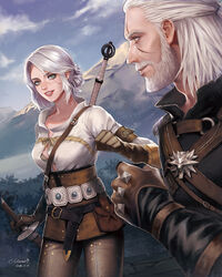  1boy amulet beard belt belt_pouch between_breasts bra breasts brown_gloves ciri clenched_hand commentary corset english_commentary eyelashes facial_hair female freckles geralt_of_rivia gloves green_eyes hair_bun hair_pulled_back hand_on_hilt highres leather leather_pants lips makeup manly mascara medium_breasts momori mountain multiple_belts nose outdoors pants pouch scabbard scar scar_across_eye scar_on_face sheath sheathed short_hair single_hair_bun smile strap_between_breasts studded_gloves sword sword_behind_back the_witcher_(series) the_witcher_3 tight_clothes tight_pants underwear updo weapon white_hair witcher_medallion yellow_eyes 