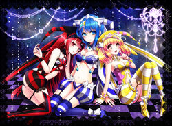  3girls aka_no_ripika ao_no_rupika bare_shoulders beatmania_iidx bemani blonde_hair blue_eyes blue_hair blush breasts checkered_floor commentary_request hair_ornament hat ki_no_rapika looking_at_viewer medium_breasts midriff multiple_girls navel oerba_yun_fang open_mouth red_eyes red_hair sitting stardrop thighhighs 