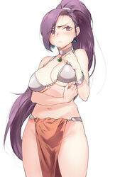  armor bare_shoulders bikini bikini_armor bikini_top_only blue_gemstone blush bracelet breasts choker cleavage cosplay dancer&#039;s_costume_(dq) dragon_quest dragon_quest_iv dragon_quest_xi earrings female gem green_gemstone jewelry large_breasts loincloth long_hair looking_at_viewer manya_(dq4) manya_(dq4)_(cosplay) martina_(dq11) metal_bikini midriff naso4 navel neck_ring pelvic_curtain ponytail purple_eyes purple_hair simple_background solo swimsuit white_background 